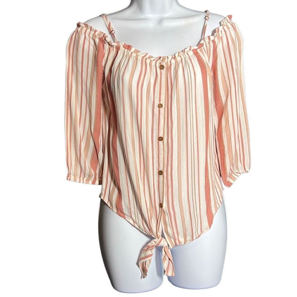 Love Culture Women's Off Shoulder Top Blouse Button Up Tie Orange Peach Small